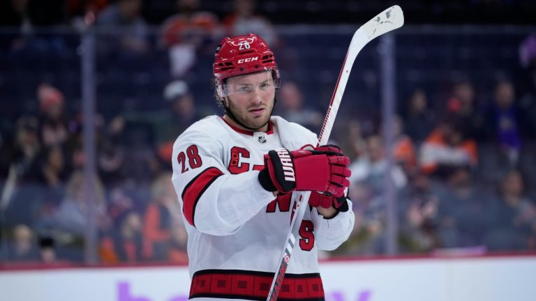 Carolina Hurricanes' Brendan Lemieux plays during an NHL hockey game, Tuesday, Nov. 28, 2023, in Philadelphia. (Matt Slocum/AP)