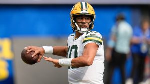 Green Bay Packers quarterback Jordan Love (10) throws a pass against the Los Angeles Rams during the first half of an NFL football game Sunday, Oct. 6, 2024, in Inglewood, Calif. (Gregory Bull/AP)