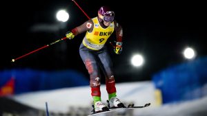 Marielle Thompson of Canada in action during the women's qualification run of the FIS Skicross World Cup, in Arosa, Switzerland, Monday, Dec. 16, 2024. (Jean-Christophe Bott/Keystone via AP)