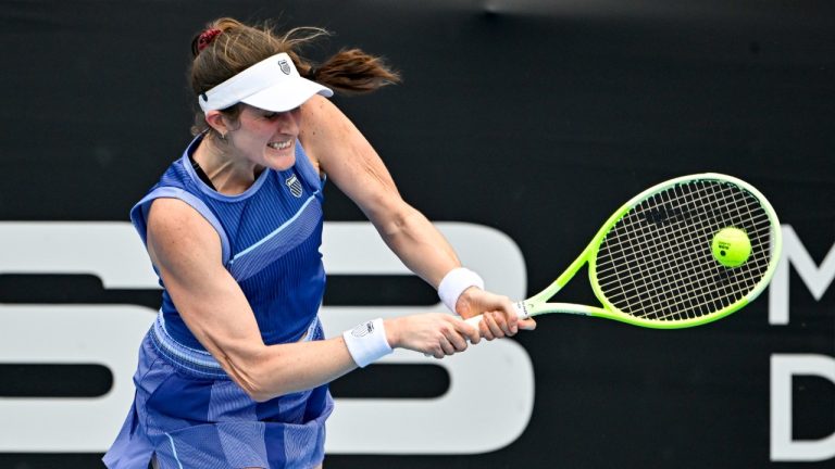 Rebecca Marino of Canada plays a shot against Lulu Sun of New Zealand during a women's singles match at the ASB Classic tennis tournament at Manuka Doctor Arena in Auckland, New Zealand Monday, Dec. 30, 2024. (Alan Lee/Photosport via AP)