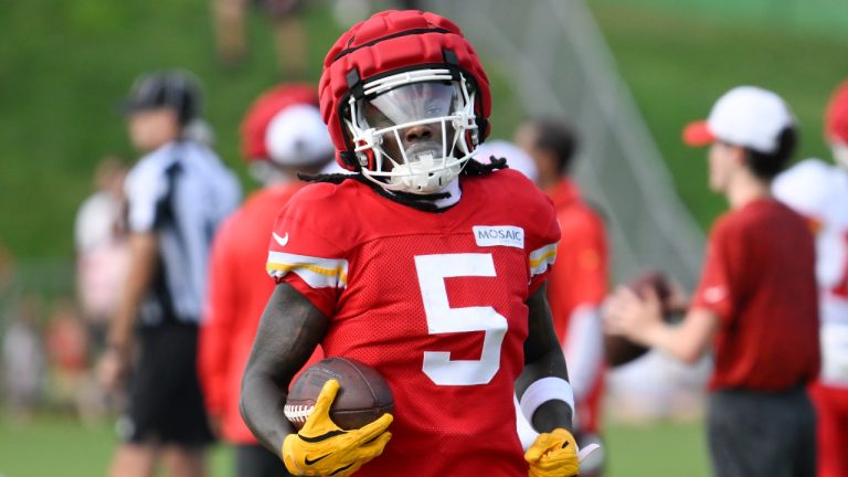 Kansas City Chiefs wide receiver Marquise "Hollywood" Brown carries after a catch during NFL football training camp Saturday, July 27, 2024, in St. Joseph, Mo. (Reed Hoffmann/AP)