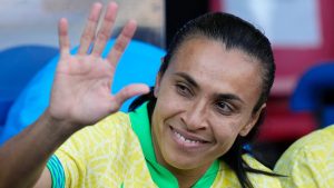 Brazil's Marta waves before the women's soccer gold medal match between Brazil and the United States at the Parc des Princes during the 2024 Summer Olympics, Saturday, Aug. 10, 2024, in Paris, France. (Francisco Seco/AP)