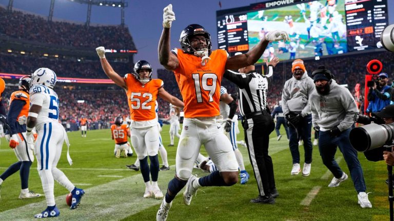 Denver Broncos' Marvin Mims Jr. celebrates after a long return during the second half of an NFL football game against the Indianapolis Colts Sunday, Dec. 15, 2024, in Denver. (Jack Dempsey/AP)