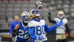 Winnipeg Blue Bombers' Ontaria Wilson (80) and Tyrique McGhee (22) watch the ball as Wilson attempts to make a reception during football practice ahead of the 111th CFL Grey Cup, in Vancouver, on Wednesday, November 13, 2024. (Darryl Dyck/CP)