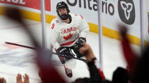 Canada forward Gavin McKenna celebrates his first goal during first period IIHF World Junior Hockey Championship tournament action against Finland on Thursday, Dec. 26, 2024 in Ottawa. (Adrian Wyld/THE CANADIAN PRESS)