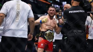 Merab Dvalishvili reacts after defeating Sean O'Malley in a bantamweight mixed martial arts title bout during UFC 306 at the Sphere, Saturday, Sept. 14, 2024, in Las Vegas. (Wade Vandervort/Las Vegas Sun via AP)