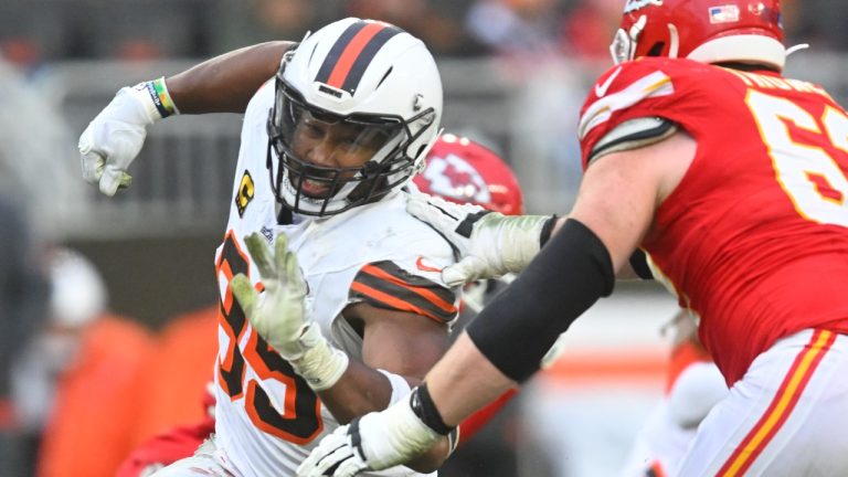 Cleveland Browns defensive end Myles Garrett (95) rushes the passer during an NFL football game against the Kansas City Chiefs, Sunday, Dec. 15, 2024, in Cleveland. The Chiefs won 21-7. (David Richard/AP)