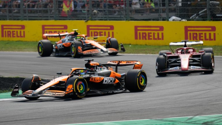 McLaren driver Oscar Piastri of Australia steers his car Ferrari driver Charles Leclerc of Monaco and McLaren driver Lando Norris of Britain during the Formula One Italian Grand Prix race at the Monza racetrack, in Monza, Italy, Sunday, Sept. 1, 2024. (Luca Bruno/AP)