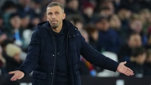 Wolverhampton Wanderers' head coach Gary O'Neil reacts during the English Premier League soccer match between West Ham United and Wolverhampton Wanderers , at The London Stadium in London,Monday, Dec 9, 2024. (Dave Shopland/AP)