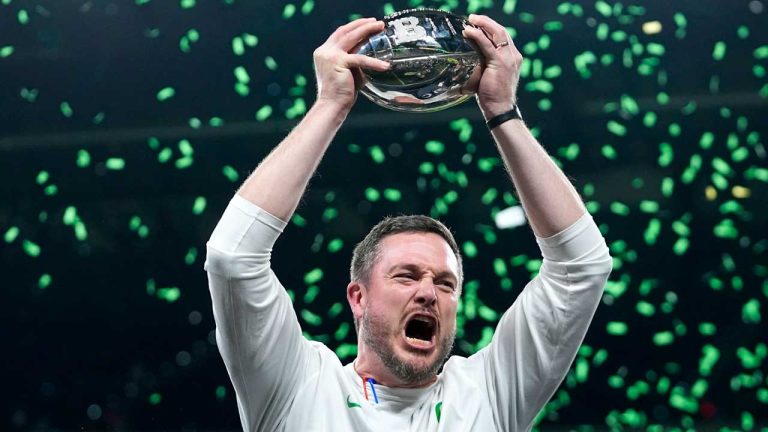 Oregon head coach Dan Lanning celebrates after the Big Ten championship NCAA college football game against Penn State. (Darron Cummings/AP)