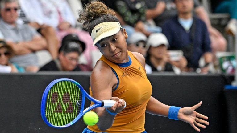 Naomi Osaka of Japan plays a shot against Julia Grabher of Austria in their women's singles match of the ASB Classic tennis tournament at Manuka Doctor Arena in Auckland, New Zealand on Wednesday, Jan. 1, 2025. (Alan Lee/Photosport via AP)