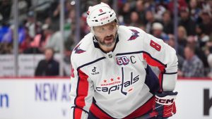 Washington Capitals left wing Alex Ovechkin (8) in the second period of an NHL hockey game Friday, Nov. 15, 2024, in Denver. (David Zalubowski/AP)