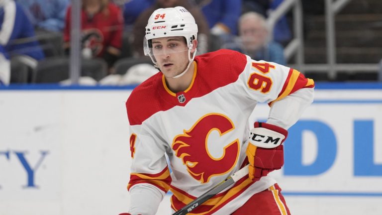 Calgary Flames' Brayden Pachal (94) in action during the second period of an NHL hockey game against the St. Louis Blues Thursday, March 28, 2024, in St. Louis. (Jeff Roberson/AP)