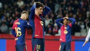 Barcelona's Pau Victor, centre, reacts during the Spanish La Liga soccer match between Barcelona and Leganes at the Lluis Companys Olympic Stadium in Barcelona, Spain, Sunday, Dec. 15, 2024. (Joan Monfort/AP)