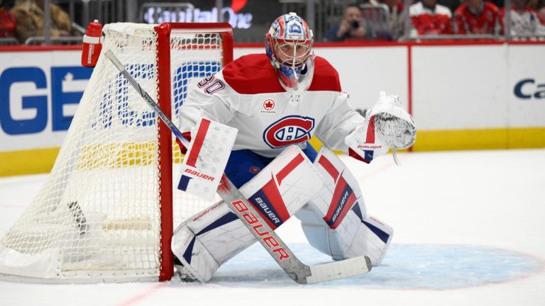 Montreal Canadiens goaltender Cayden Primeau (30) in action during the first period of an NHL hockey game against the Washington Capitals, Thursday, Oct. 31, 2024, in Washington. (Nick Wass/AP)