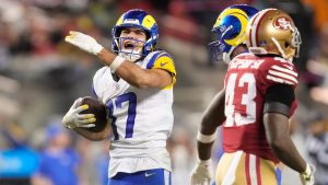 Los Angeles Rams wide receiver Puka Nacua (17) reacts after catching a pass against the San Francisco 49ers during the second half of an NFL football game in Santa Clara, Calif., Thursday, Dec. 12, 2024. (Godofredo A. Vásquez/AP)