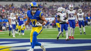 Los Angeles Rams wide receiver Puka Nacua reacts after scoring a touchdown against the Buffalo Bills during the first half of an NFL football game, Sunday, Dec. 8, 2024, in Inglewood, Calif. (Eric Thayer/AP)