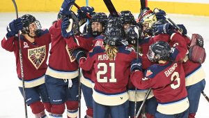 Montreal Victoire players celebrate their win over the Ottawa Charge in a PWHL hockey game in Laval, Que., Saturday, November 30, 2024. THE (Graham Hughes/CP)