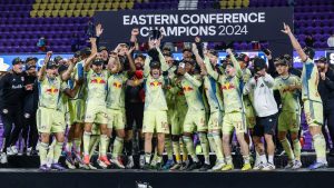 The New York Red Bulls celebrate their championship after beating Orlando City in an MLS Eastern Conference finals soccer match, Saturday, Nov. 30, 2024, in Orlando, Fla. (Kevin Kolczynski/AP)