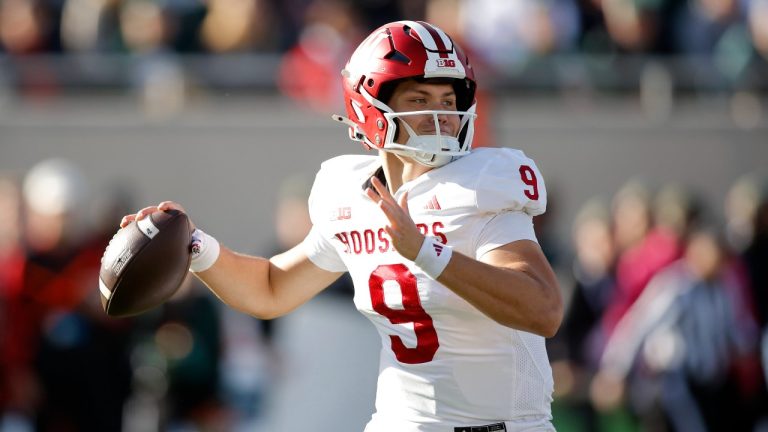 Indiana quarterback Kurtis Rourke looks to throw during the first half of an NCAA college football game against Michigan State, Saturday, Nov. 2, 2024, in East Lansing, Mich. (Al Goldis/AP Photo)