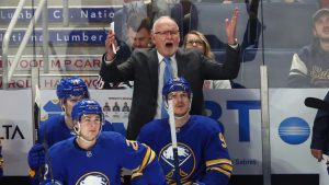 Buffalo Sabres head coach Lindy Ruff reacts after a goal was called back for goaltender interference during the third period of an NHL hockey game against the St. Louis Blues, Thursday, Nov. 14, 2024, in Buffalo, N.Y. (Jeffrey T. Barnes/AP Photo)