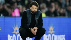 Southampton's head coach Russell Martin reacts during the English Premier League soccer match between Southampton and Everton, at the St Marys Stadium in Southampton, Saturday, Nov 2, 2024. (Dave Shopland/AP)