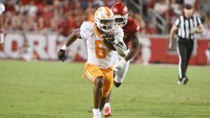 Tennessee running back Dylan Sampson (6) breaks away for a big run against Arkansas during the second half of an NCAA college football game, Saturday, Oct. 5, 2024, in Fayetteville, Ark. (Michael Woods/AP)