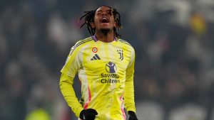 Juventus' Samuel Mbangula celebrates after scoring his side's second goal during the Italian Serie A soccer match between Juventus and Bologna at the Allianz Stadium in Turin, Italy, Saturday, Dec. 7, 2024. (Spada/LaPresse via AP)