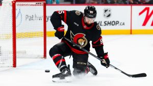 Ottawa Senators defenceman Jake Sanderson (85) makes a save in front of his empty net during the final seconds of third period NHL hockey action against the Vegas Golden Knights in Ottawa on Thursday, Nov. 21, 2024. (Sean Kilpatrick/THE CANADIAN PRESS)