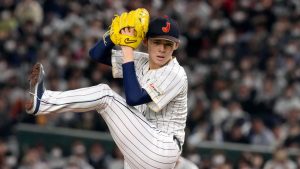  Roki Sasaki, of Japan pitches, during their Pool B game against the Czech Republic at the World Baseball Classic at the Tokyo Dome, Japan, Saturday, March 11, 2023. (Eugene Hoshiko/AP Photo, file)