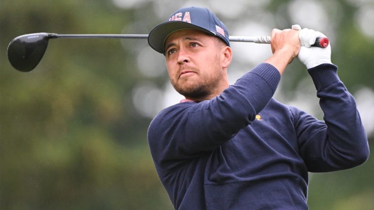 United States team member Xander Schauffele tees off during a practice round at the Presidents Cup at Royal Montreal Golf Club in Montreal, Wednesday, September 25, 2024. (Graham Hughes/CP)