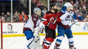 Colorado Avalanche goalie Scott Wedgewood (41) looks out during the second period of an NHL hockey game against the New Jersey Devils, Sunday, Dec. 8, 2024, in Newark, N.J. (Stefan Jeremiah/AP)