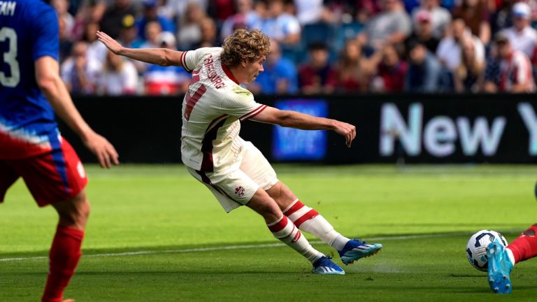 Canada forward Jacob Shaffelburg kicks to score a goal during the first half of an international friendly soccer game against Canada, Saturday, Sept. 7, 2024, in Kansas City, Mo. (Charlie Riedel/AP)