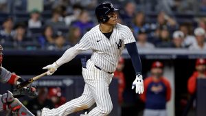 New York Yankees' Juan Soto at bat during the fifth inning of a baseball game against the St. Louis Cardinals Friday, Aug. 30, 2024, in New York. (Adam Hunger/AP)