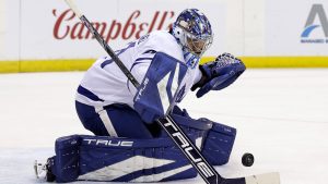 Toronto Maple Leafs goaltender Anthony Stolarz (41) makes a save during the second period of an NHL hockey game against the New Jersey Devils Tuesday, Dec. 10, 2024, in Newark, N.J. (Adam Hunger/AP)