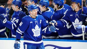 Toronto Maple Leafs' John Tavares (91) celebrates his goal against the Washington Capitals during first period NHL hockey action in Toronto on Saturday, Dec. 28, 2024. (Frank Gunn/CP)