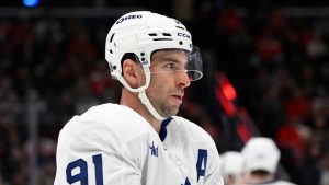 Toronto Maple Leafs centre John Tavares (91) looks on during the first period of an NHL hockey game against the Washington Capitals, Wednesday, Nov. 13, 2024, in Washington. (Nick Wass/AP Photo)