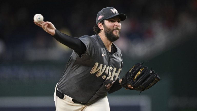 Washington Nationals pitcher Trevor Williams throws during the first inning of a baseball game against the Philadelphia Phillies, Friday, Sep. 27, 2024, in Washington. (Terrance Williams/AP)