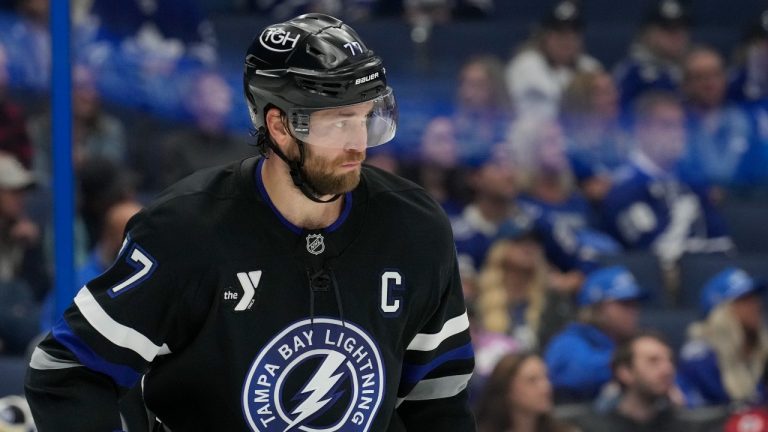 Tampa Bay Lightning defenceman Victor Hedman (77) against the Toronto Maple Leafs during the third period of an NHL hockey game Saturday, Nov. 30, 2024, in Tampa, Fla. (Chris O'Meara/AP)