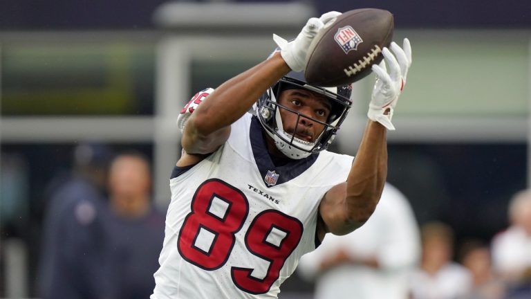 Houston Texans wide receiver Jared Wayne (89) warms up before an NFL preseason football game against the New England Patriots, Thursday, Aug. 10, 2023, in Foxborough, Mass. (Steven Senne/AP Photo)