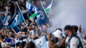 Fans watch as the Vancouver Whitecaps enter the pitch before an MLS soccer match against Los Angeles FC in Vancouver, on Saturday, August 21, 2021. (Darryl Dyck/THE CANADIAN PRESS)