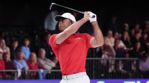 Tiger Woods of the Jupiter Links Golf Club tees off from the 12 hole during a match against the Los Angeles Golf Club, Tuesday, Jan. 14, 2025, in Palm Beach Gardens, Fla. (Marta Lavandier/AP)