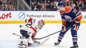 Florida Panthers goalie Sergei Bobrovsky (72) is scored on by Edmonton Oilers' Zach Hyman (18) during second period NHL action in Edmonton on Monday, December 16, 2024. (Jason Franson/CP)