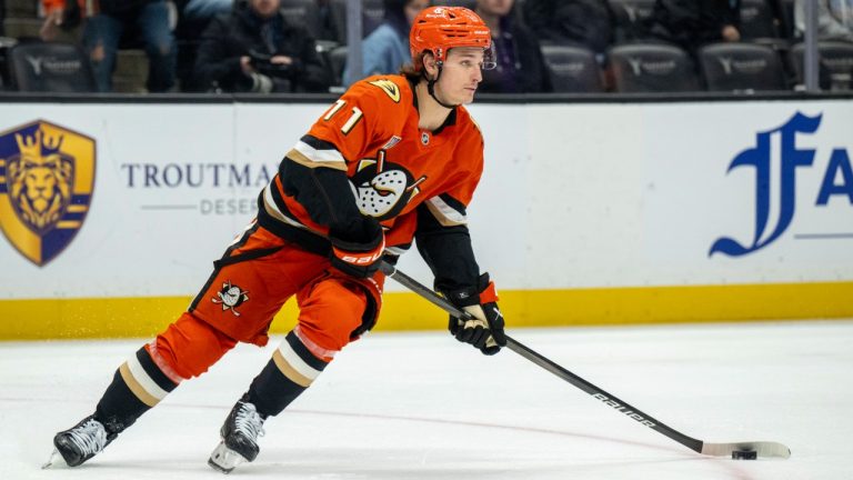 Anaheim Ducks centre Trevor Zegras (11) controls the puck against the Vancouver Canucks during the second period of an NHL hockey game in Anaheim, Calif., Tuesday, Nov. 5, 2024. (Alex Gallardo/AP)