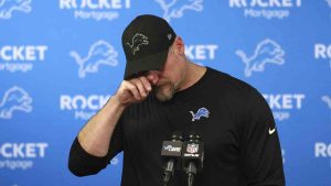 Detroit Lions head coach Dan Campbell talks to the media after an NFL football divisional playoff game against the Washington Commanders, Sunday, Jan. 19, 2025, in Detroit. (Mike Mulholland/AP)