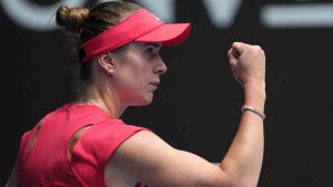 Elina Svitolina of Ukraine gestures during her fourth round match against Veronika Kudermetova of Russia at the Australian Open tennis championship in Melbourne, Australia, Monday, Jan. 20, 2025. (Vincent Thian/AP)