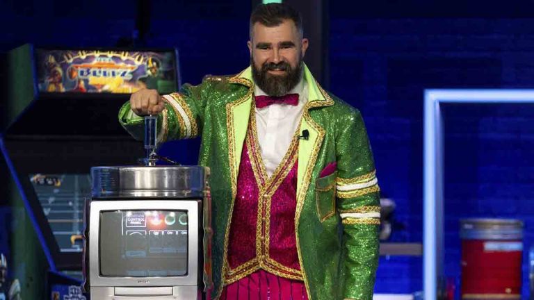 Former NFL player and ESPN analyst Jason Kelce introduces the final segment during the taping of "They Call It Late Night with Jason Kelce", Friday, Jan. 3, 2025, in Philadelphia. (Chris Szagola/AP)