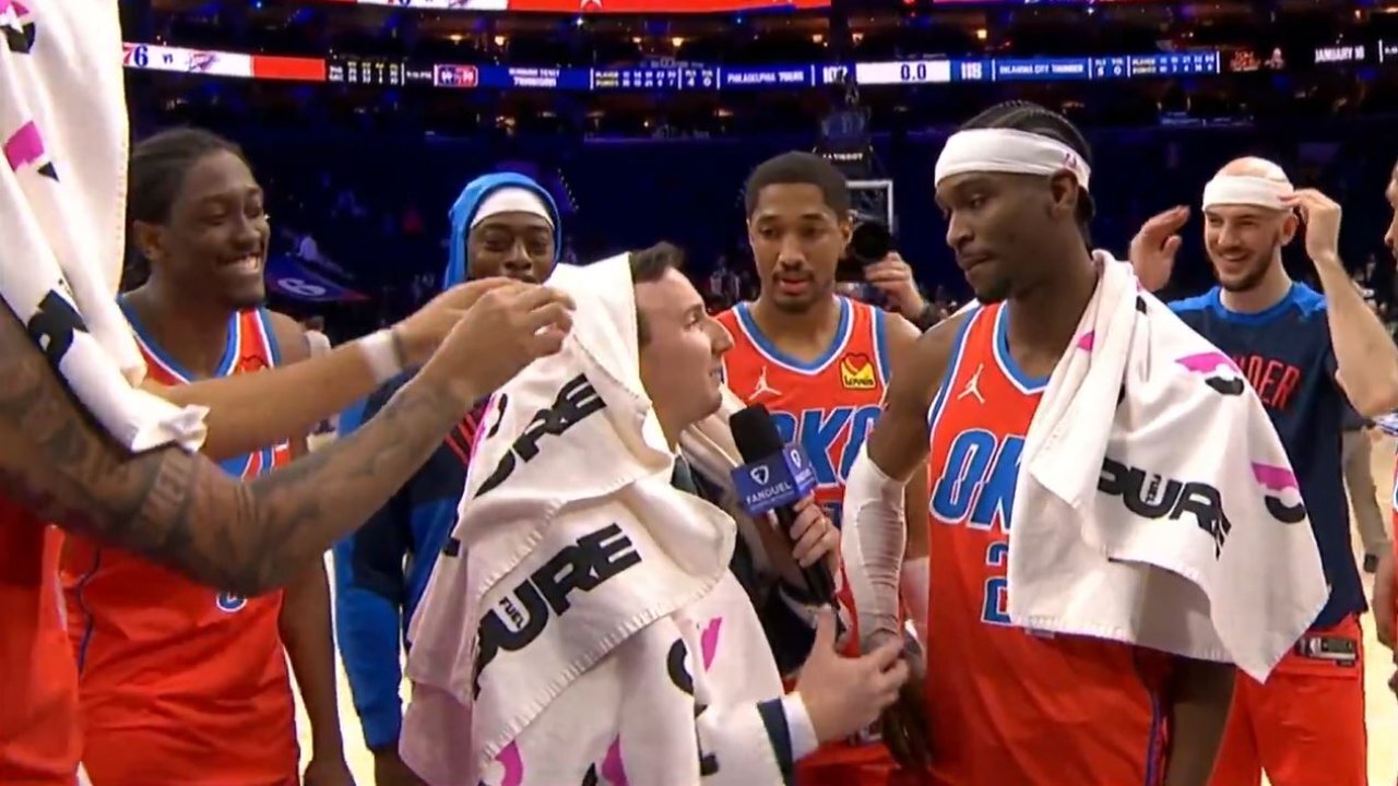 Thunder players pestering poor reporter during SGA post-game interview