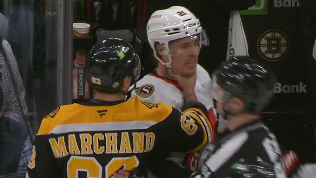 Bruins’ Marchand sheds glove, grabs Cousins’ neck with bare hand