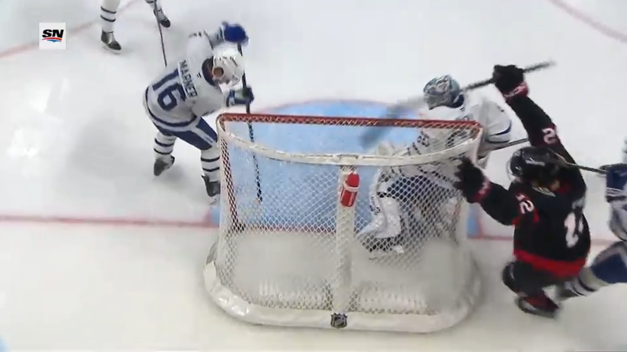 Senators take the lead on Maple Leafs with a bounce off Shane Pinto’s knee